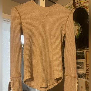 free people sweater with lace up sleeves cream sweater/light brown stitching